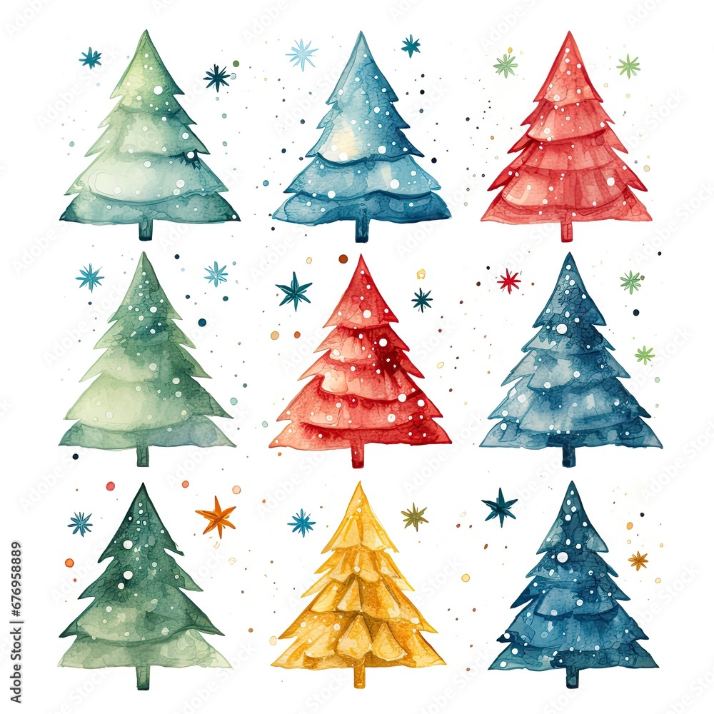 Colorful watercolor Christmas trees with snowflakes and stars. Festive watercolor pine trees with seasonal cheer.
