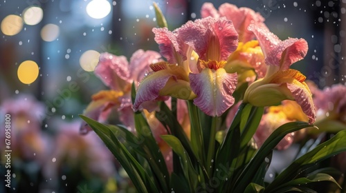 Beautiful iris flowers in the garden with bokeh background. Mother's day concept with a space for a text. Valentine day concept with a copy space.