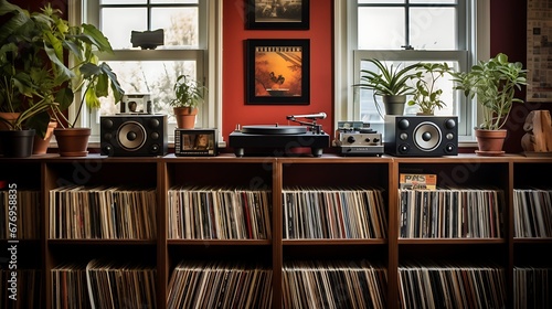 A library with a section for vintage vinyl records and record players.