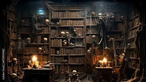 A library with a section for horror fiction and ghost stories.