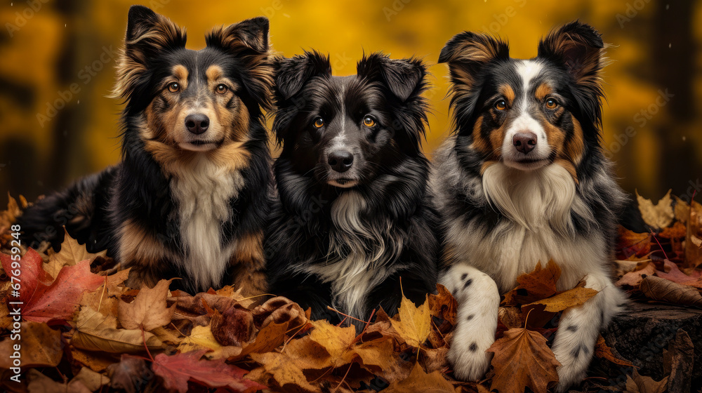 Group of dogs in autumn leaves generative ai