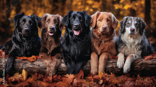 Group of dogs in autumn leaves generative ai