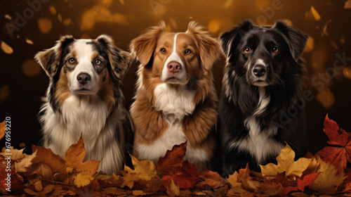 Group of dogs in autumn leaves generative ai © GHart
