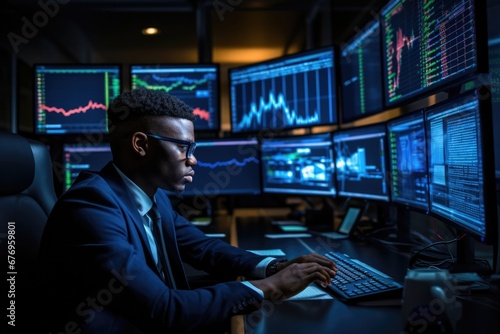 Professional man monitor market screen business computer technology exchange graph office trader stock finance