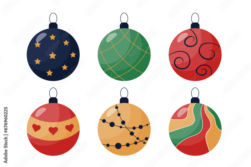 Set of Christmas balls for Christmas tree decoration, gold, dark blue, red, green, isolated on white background. For cards, decorations, decoration. Vector illustration. Set of Christmas balls for Christmas tree decoration, gold, dark blue, red, green, isolated on white background. For cards, decorations, decoration. Vector illustration.