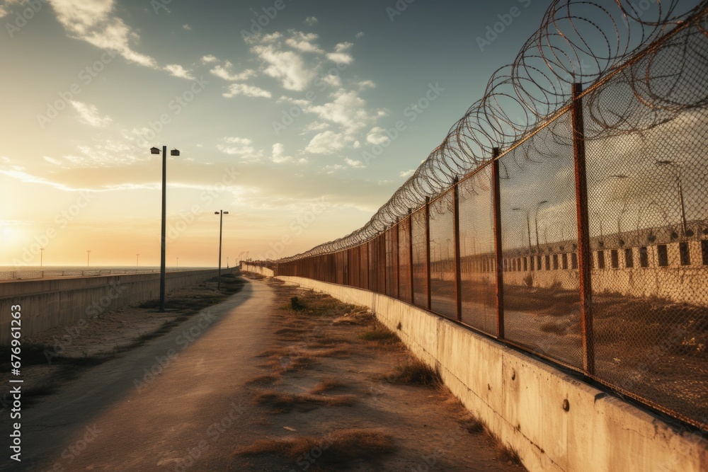Fence with barbed wire. Prison or border. Background with selective focus and copy space