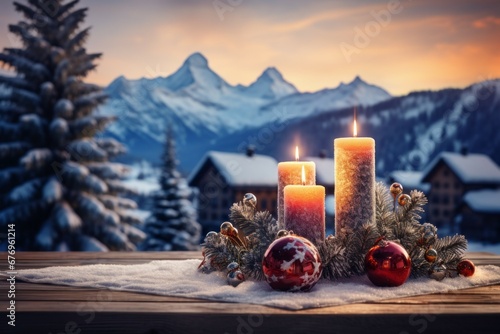 Christmas candle. Merry Christmas and Happy New Year concept. Background with copy space © top images