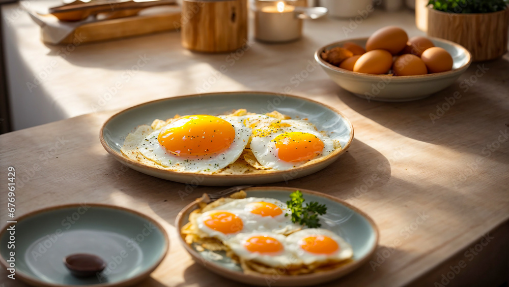 Appetizing fried eggs in a plate in the kitchen