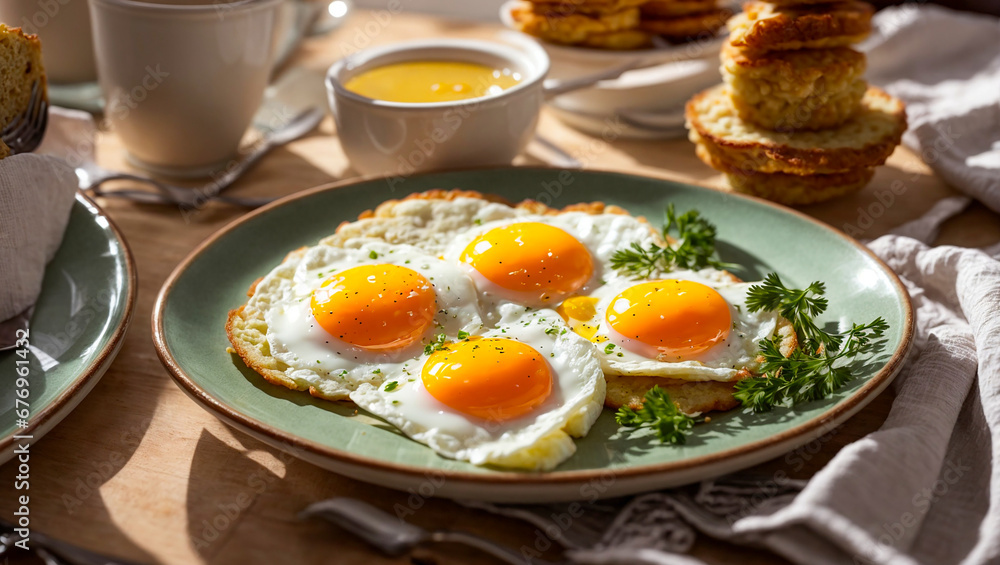 Appetizing fried eggs in a plate in the kitchen Appetizing fried eggs in a plate in the kitchen