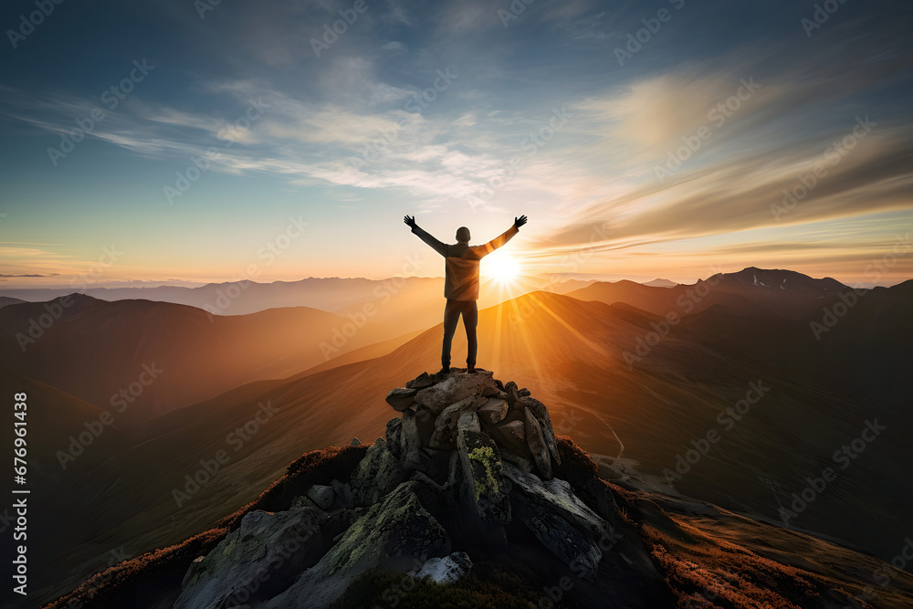 Man standing on top of a peak with open arms, kissed by the rays of a rising sun, facing a vast mountain landscape, inspiring freedom and achievement - obrazy, fototapety, plakaty 