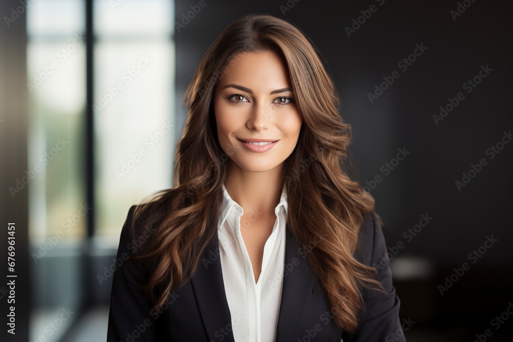 Photo of a successful businesswoman. friendly smiling office, one color background, generative ai Photo of a successful businesswoman. friendly smiling office, one color background, generative ai