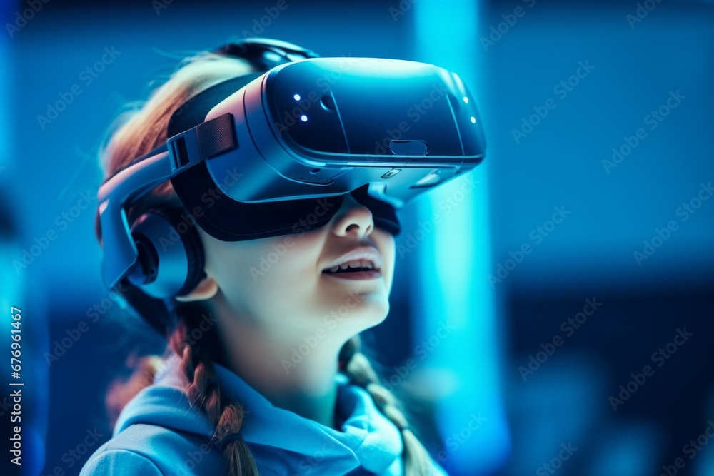 Portrait of a child wearing virtual or augmented reality glasses. Kid in VR mask, modern technology concept Portrait of a child wearing virtual or augmented reality glasses. Kid in VR mask, modern technology concept