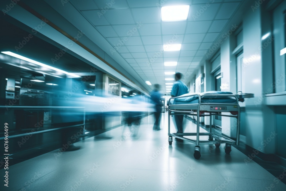 Motion blur in a hospital. Background with selective focus and copy space