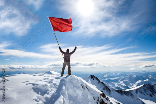 Man on top of a mountain peak covered in white snow, holding a big red flag waving in the wind, standing with arms raised up and his finger pointing to the azure sky and the shining sun photo