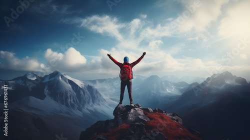 Man with red hiking gear standing on top of a peak with with arms up, inspiring achievement & freedom, facing a vast natural landscape with snowy mountains & blue sky photo