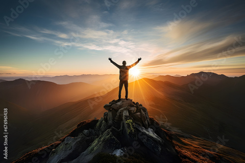 Photographie Man standing on top of a peak with open arms, kissed by the rays of a rising sun