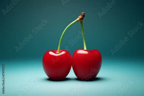 Two bright red cherries on a tourquise background  photo