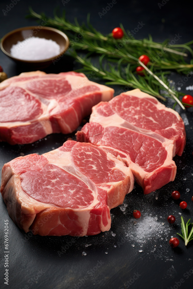 Variety of Raw meat. steak, Ribeye, Tenderloin fillet mignon from pork or beef. cooking or barbecue ingredients