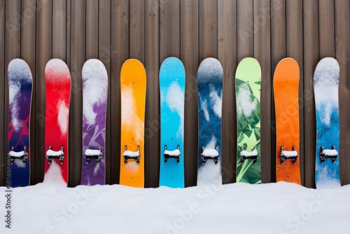 colorful snowboards on the snow
