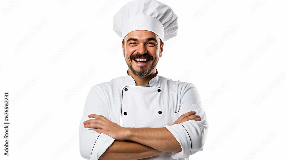 Profissional de gastronomia, expressão feliz, fundo branco