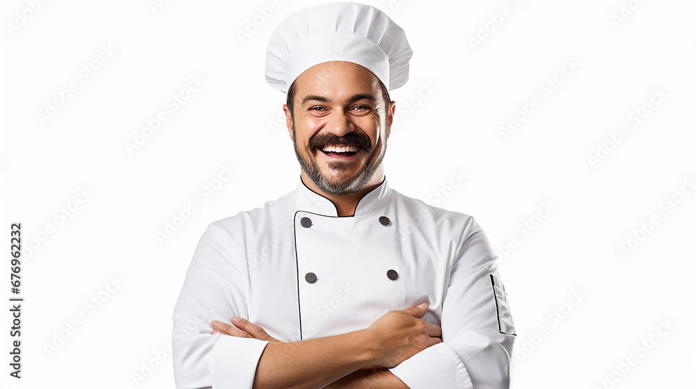 Profissional de gastronomia, expressão feliz, fundo branco Profissional de gastronomia, expressão feliz, fundo branco