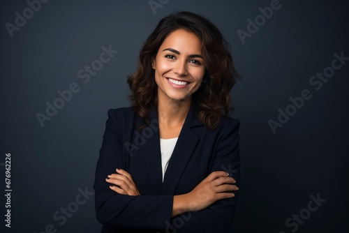 Photo of a successful businesswoman. friendly smiling office, one color background, generative ai