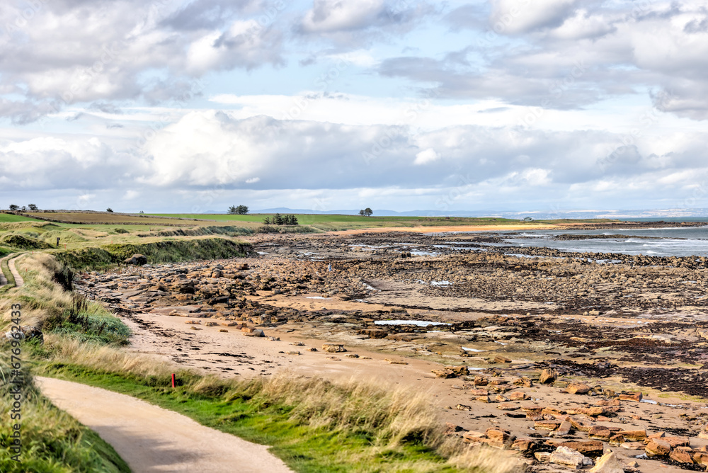 St Andrews, Scotland - September 21, 2023: Seaside views alongside the Kingsbarns Golf Course on the outskirts of St Andrews Scotland
