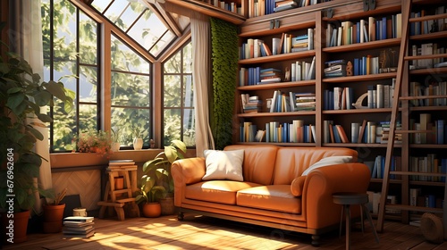A library with a cozy corner for science enthusiasts.