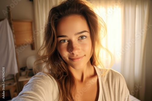 Beautiful Woman Captures Sunrise Selfie in Cozy Bedroom