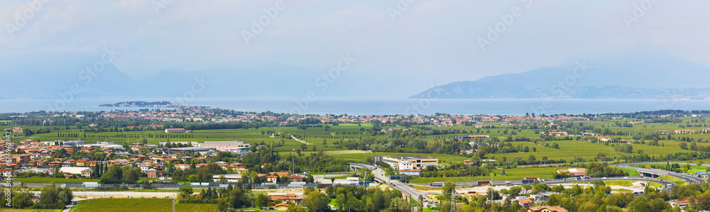 Beautiful panoramic view of Lake Garda near San Martino della Battaglia, Brescia, Italy.
