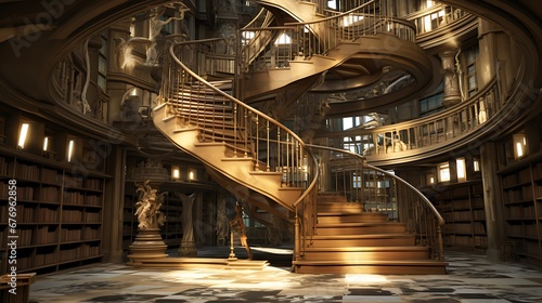 A library with a grand, spiral staircase.
