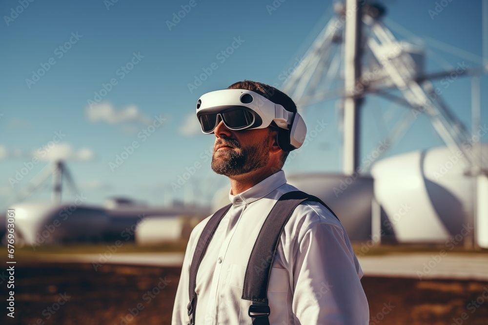 Navigating the Future: Engineer with VR Glasses Overseeing Wind Turbine Operations Navigating the Future: Engineer with VR Glasses Overseeing Wind Turbine Operations