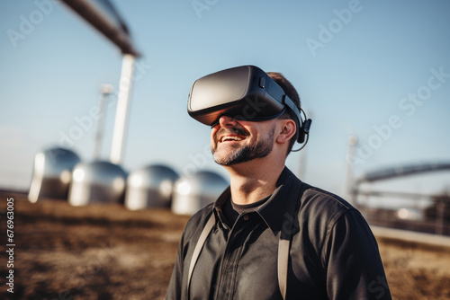 Navigating the Future: Engineer with VR Glasses Overseeing Wind Turbine Operations © ChaoticMind