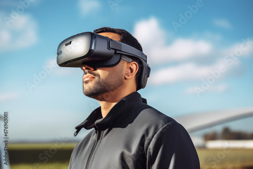 Navigating the Future: Engineer with VR Glasses Overseeing Wind Turbine Operations © ChaoticMind