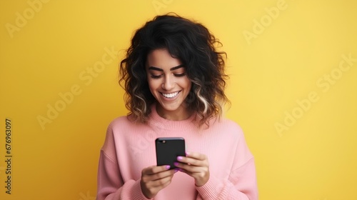 Smiling beautiful young woman browsing social media on mobile phone while standing on bright yellow background. generative AI
