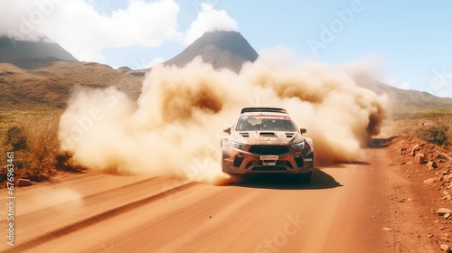Racing off-road vehicle in the mountains. Extreme sport. Off-road vehicle in the desert. 3D illustration. © korkut82