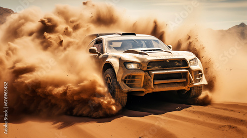Racing off-road vehicle in the mountains. Extreme sport. Off-road vehicle in the desert. 3D illustration. © korkut82