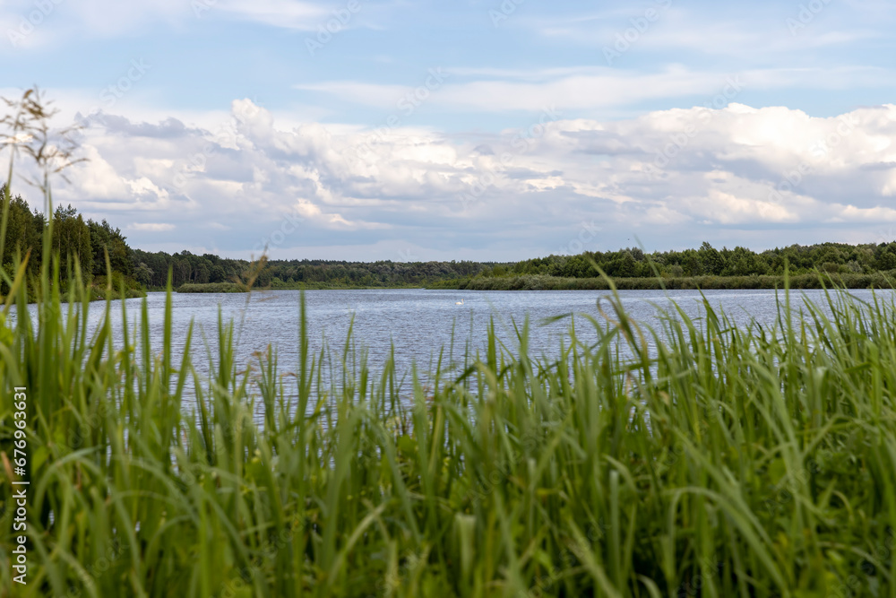 water with waves in the river in summer with green grass water with waves in the river in summer with green grass