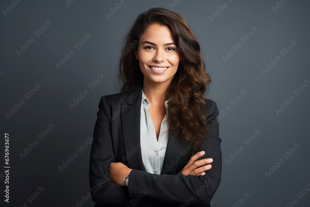 Photo of a successful businesswoman. friendly smiling office, one color background, generative ai Photo of a successful businesswoman. friendly smiling office, one color background, generative ai
