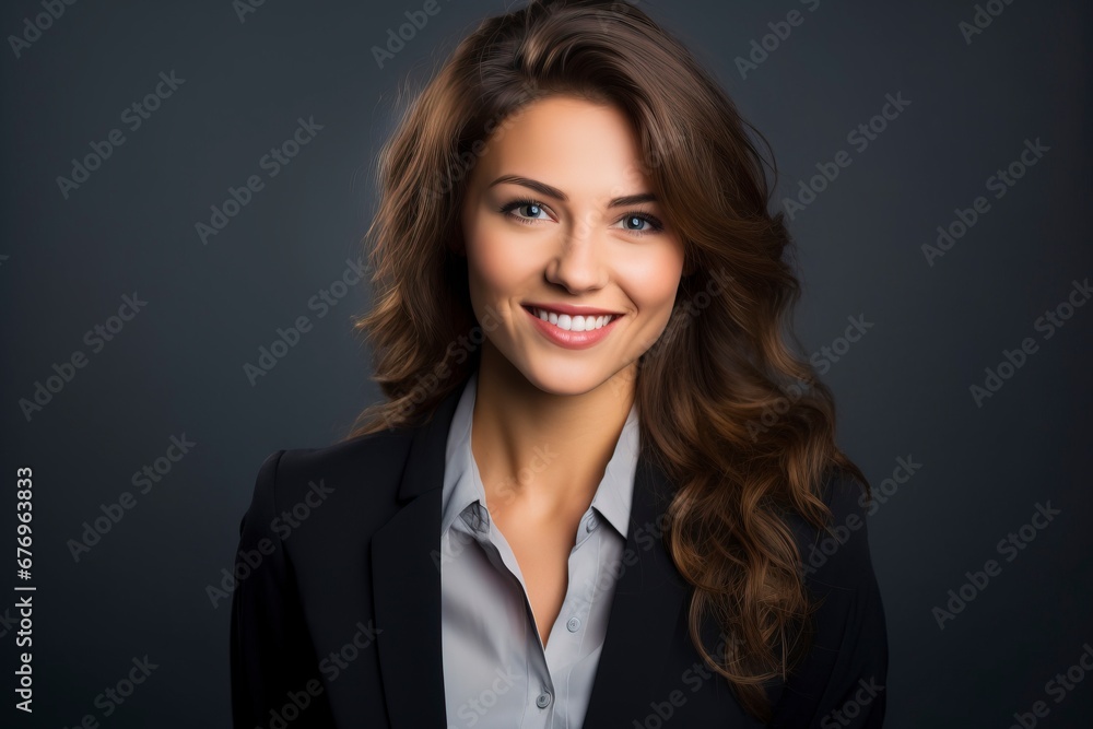 Photo of a successful businesswoman. friendly smiling office, one color background, generative ai Photo of a successful businesswoman. friendly smiling office, one color background, generative ai