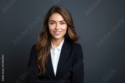 Photo of a successful businesswoman. friendly smiling office, one color background, generative ai