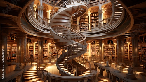 A library with a spiral staircase connecting levels.