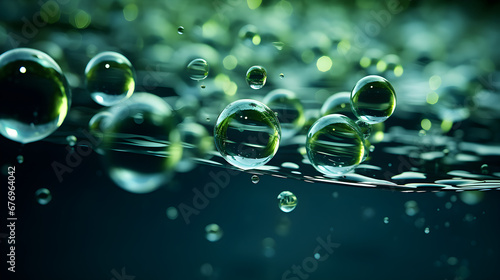 Green hydrogen (H2 gas) molecule is a new green energy source for a sustainable environment, seen in the bubbles within the liquid,