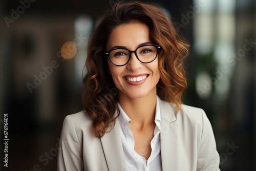 Photo of a successful businesswoman. friendly smiling office, one color background, generative ai