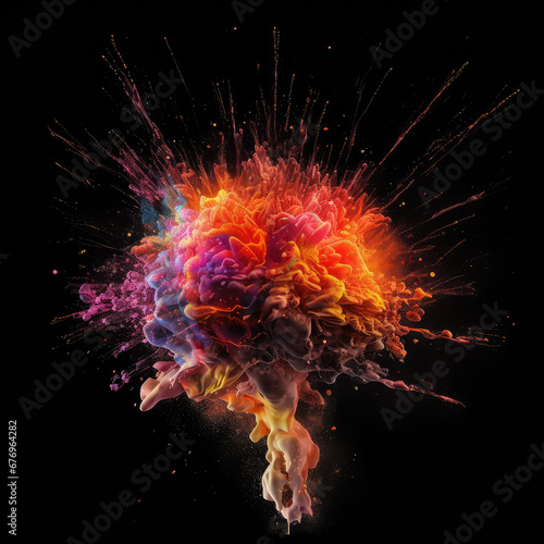 Bright colored explosion on black background. Freeze motion of red, orange, pink, purple, blue, yellow drops of paints. Creative brainstorm concept