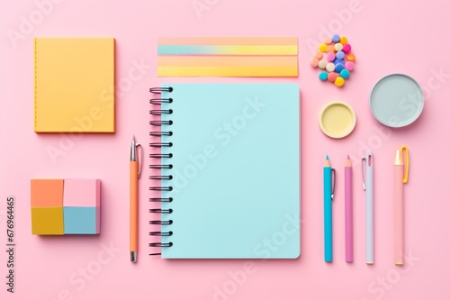a set of colorful stationery items arranged neatly on a bright pink background. Leave space for custom text or slogans to showcase your brand's creativity.