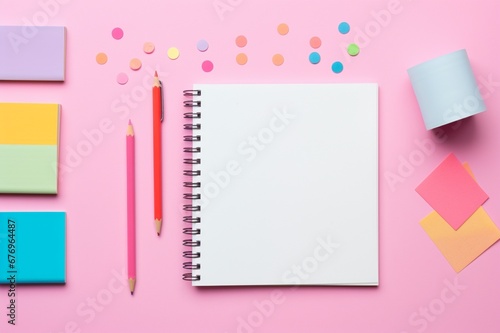 a set of colorful stationery items arranged neatly on a bright pink background. Leave space for custom text or slogans to showcase your brand's creativity.