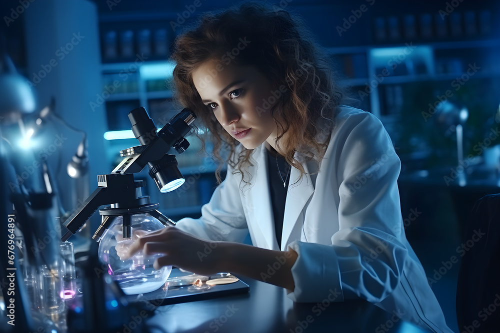 A young female researcher sets up a microscope in the laboratory of a research institute for her experiment on creating innovative medicines and vaccines, A young female researcher sets up a microscope in the laboratory of a research institute for her experiment on creating innovative medicines and vaccines,