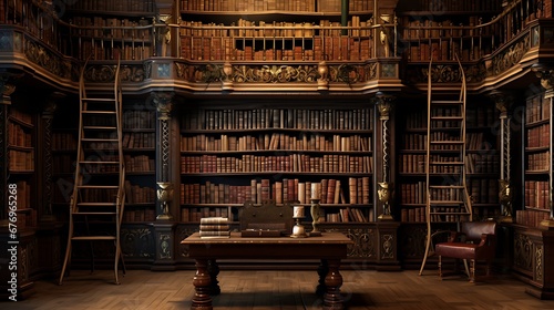 A library with a collection of antique manuscripts. photo