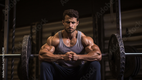 homem fitness musculoso em treino forte na academia 
